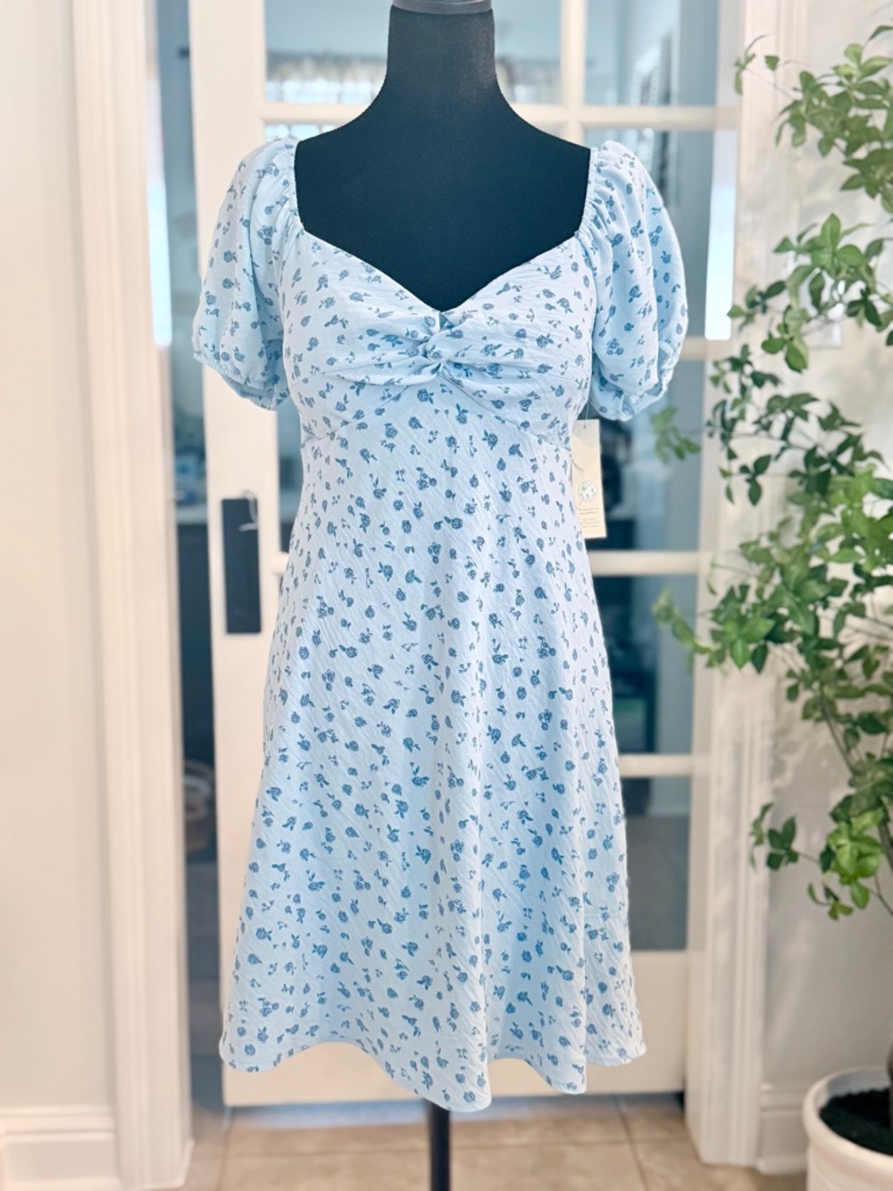 No Boundaries Light Blue Floral Tie-Front Puff Sleeve Mini Dress